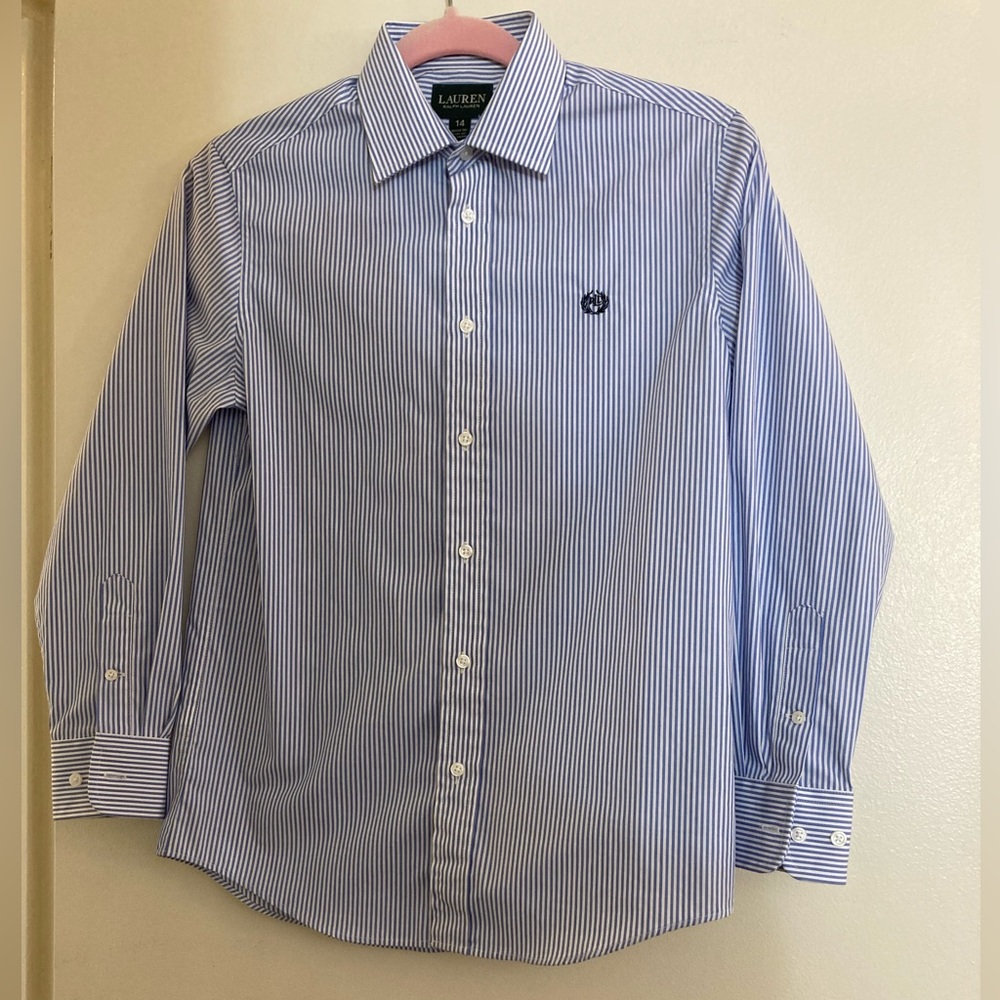 Lauren Ralph Lauren Blue and White Button Collar Dress Shirt, 14 Boys